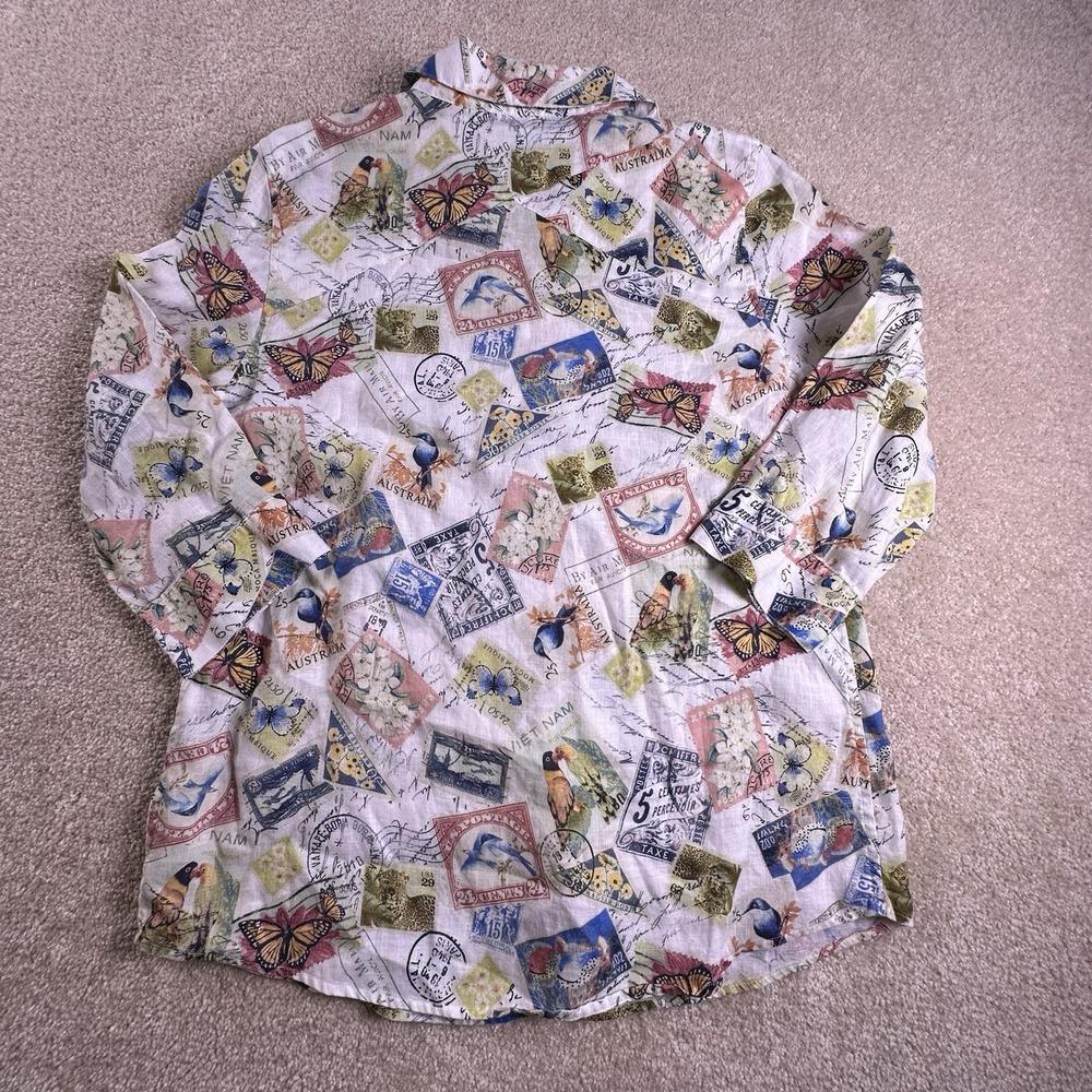 Chico's Linen Tunic Blouse Travel Stamp Pattern 100% Linen Button Size 0 - Picture 2 of 7